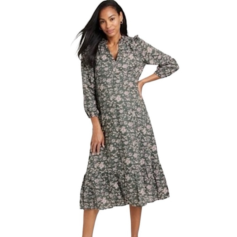The Nines by HATCH 3/4 Sleeve Tiered Floral Midi Maternity Dress Green sz Small